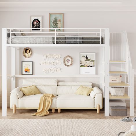 Lit mezzanine 90×200cm métal robuste,escalier rangement,espace sous lit spacieux,meuble de rangement pour enfants et adultes