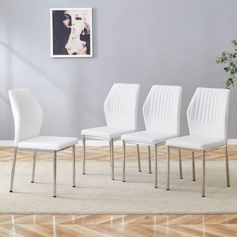 Lot de 4 chaises à manger luxueuses. Dossier PU blanc à relief vertical,pieds métalliques argentés,style élégant pour intérieur. (1/5)