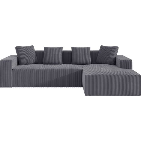 Sofá modular en L de terciopelo gris, asiento profundo y cojines, 261 x 146 x 65 cm (1/5)