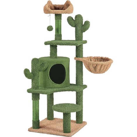 Yaheetech Albero Tiragraffi per Gatti Torre a Forma di Cactus in Peluche e Sisal con Cucce e Pallina 48,5 cm × 48,5 cm × 135 cm Verde e Marrone