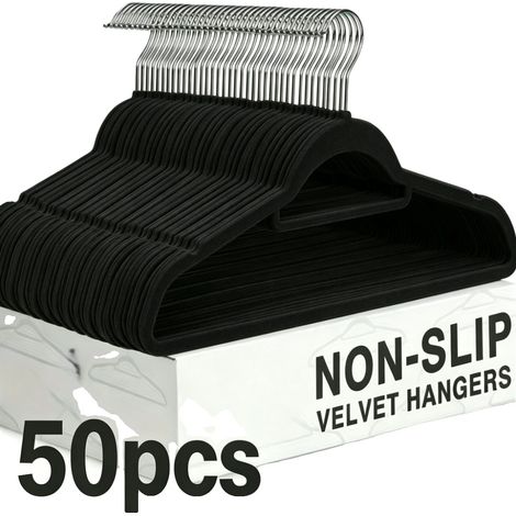 Percha de terciopelo, diseño antideslizante, gancho giratorio de 360°, color negro, 50 unidades-b (1/2)