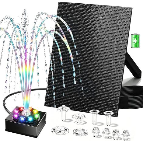 Pompe de bassin solaire 6W avec batterie 1800mAh – Fontaine solaire pour l’extérieur, idéale pour bain d’oiseau, petit bassin et jeu d’eau – 10 styles de jet et 8 LED colorées (1/5)