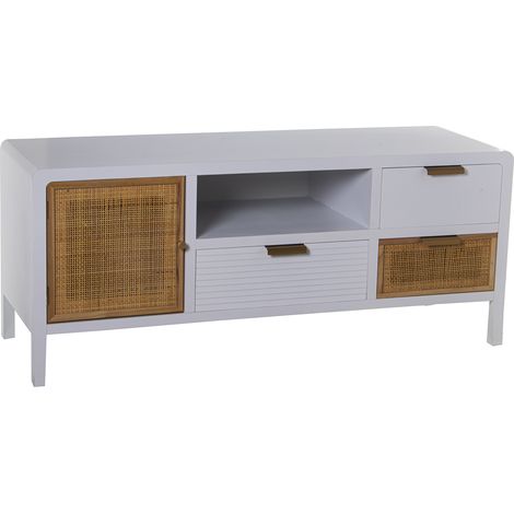 Meuble TV en Bois 2 Tiroirs+Porte Blanc/Rotin 120X40X50 Cm, Sapin+Dm+Rat┴N (1/4)