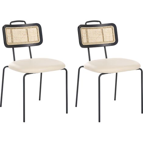 Conjunto de 2 sillas patas de hierro respaldo de ratán sintético asiento de piel sintética sin reposabrazos tapones para las patas diseño boho moderno beige claro Adelanto