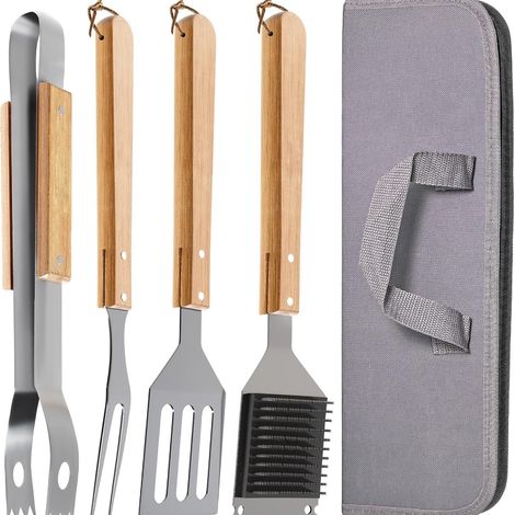 Utensili essenziali per barbecue in acciaio inossidabile e legno - 4 pezzi - Resistenti al calore e alla ruggine - Con comoda borsa per il trasporto
