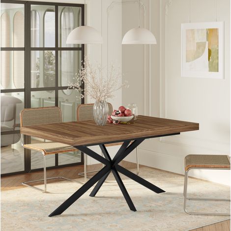 Table à manger extensible 140-180x80 cm avec rangement, plateau MDF noyer et piètement métal noir (1/5)