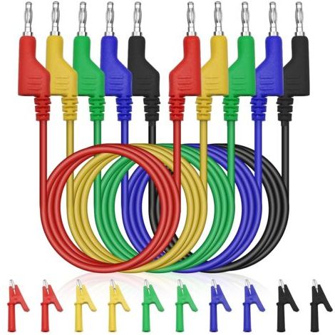 Lot de 5 cordons de mesure pour multimètre 4 mm, câbles de test multicolores avec fiches bananes, 10 pinces crocodiles isolées – pour appareils électriques,Voiture et Usage Industriel