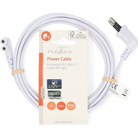 Nedis Stromkabel / Euro Männlich / IEC-320-C7 / Abgewinkelt / Links abgewinkelt / Vernickelt / 2.00 m / Flach / PVC / Weiss / Label