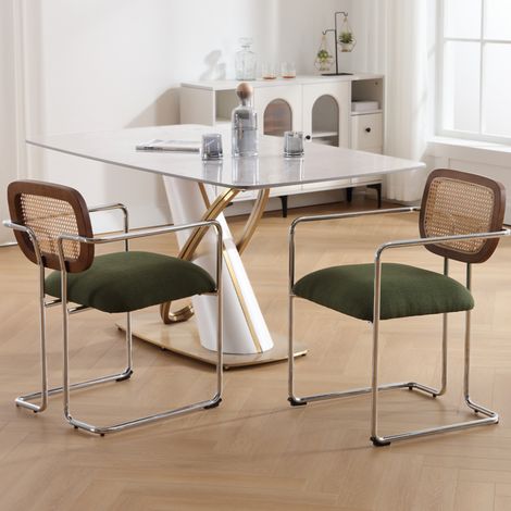 Wahson Esszimmerstühle 2er Set mit Rattan Rückenlehne, Retro Küchenstühle mit Metallgestell Stühle Esszimmer Polsterstuhl für Esszimmer Wohnzimmer, Grün (1/5)