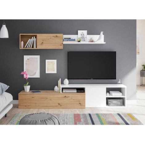 Ensemble meuble TV réversible JULIA - Mélaminé blanc et chene - 2 Portes battantes - L220 x P40 x H 44 cm (1/5)