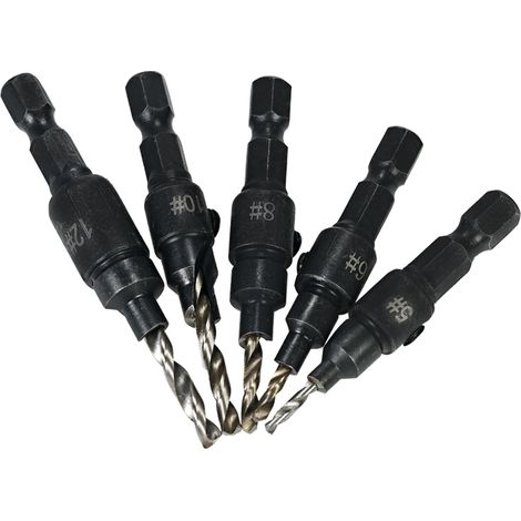 Lot de 5 fraises à chanfreiner HSS, queue hexagonale 1/4 pouce, foret conique pour bois, vissage, menuiserie, alésage et fraisage d'angle (1/4)