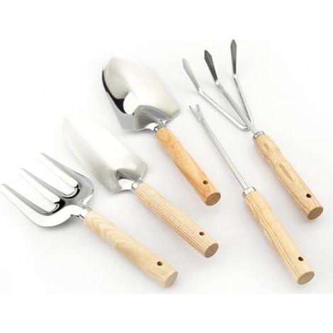 Lot de 5 outils de jardinage robustes de qualité supérieure avec pelle, râteau à main, transplanteuse, grande truelle, cultivateur à 5 griffes, en acier inoxydable avec poignées en bois (1/5)