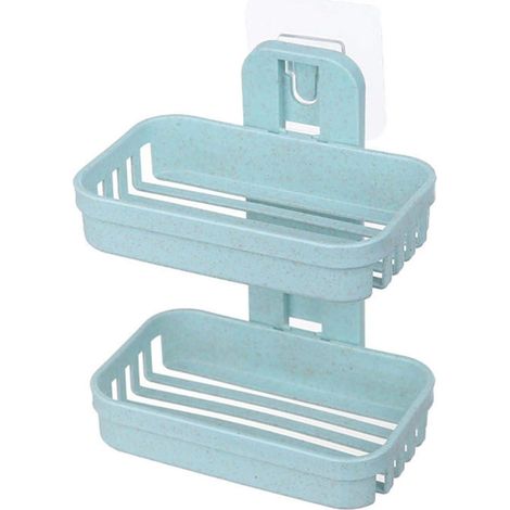 Étagère de salle de bain double paroi en plastique avec porte-savon et rangement pour savon Pquide, double étagère (verte) (1/4)