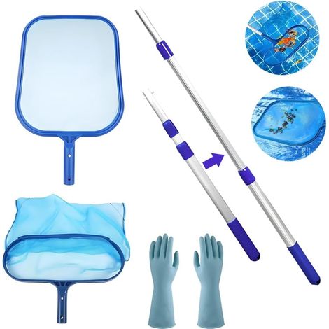 Telescopic Pool Net Kit with 34cm Deep Skimmer Net with Telescopic Rod and Rubber Glove for Swimming Pool, Pond Spa, Aquarium, Paddling Pool, Hot Tub (1/5)