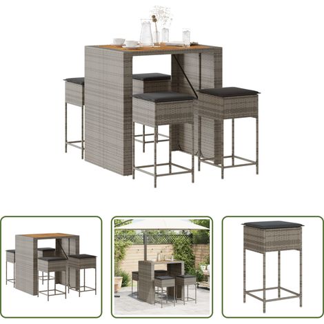 vidaXL Barres de jardin en résine -  Ensemble de bar de jardin 5 pcs avec coussins gris poly rotin (1/5)