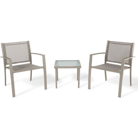 Salon de jardin Havana 3 pie'ces 2 fauteuils et 1 table basse en verre trempe' structure en acier assise et dossier en textile'ne marron