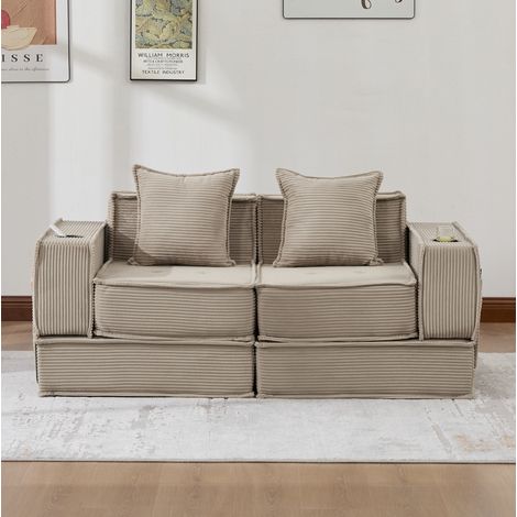 Loungesofa 162x78x66 cm Khaki aus Cord mit 2 Kissen und Seitentaschen (1/5)