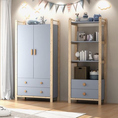 Armoire combinée 2 pièces avec penderie et étagère, bleu et bois naturel, H 180,5 cm HAVRYA (1/5)