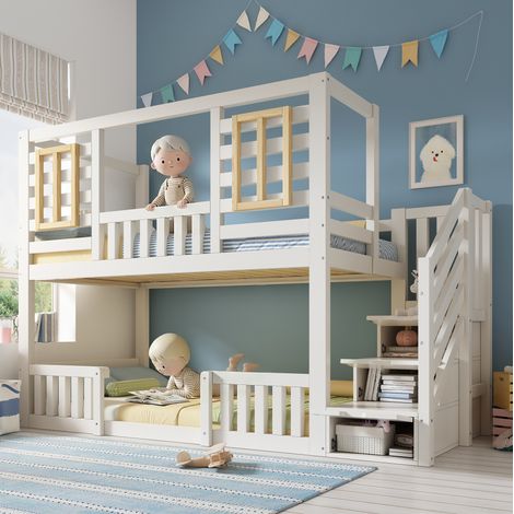 Cama litera infantil con escalera y ventana blanca alta HAVRYA (1/5)