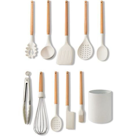 Vtizikl 10 Pièces Kit Ustensiles de Cuisine, Set de Couverts de Cuisine, Poignée en Bois, Résistant à la Chaleur, Sains et Antiadhésifs, Passent au Lave-Vaisselle(Blanc)