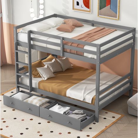 Lit superposé 140x200 cm gris en pin et MDF avec tiroirs de rangement et garde-corps hauts (1/5)