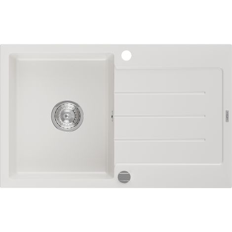 Mexen Bruno lavello in granito a 1 vasca con scolapiatti 795 x 495 mm, bianco, sifone cromato - 6513791010-20 (1/5)