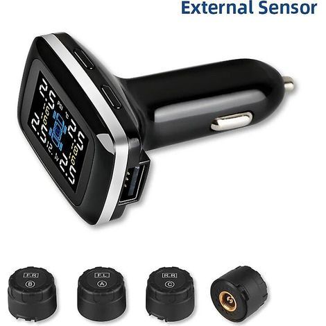 TPMS car tire pressure monitoring system, alarm and pressure gauge with cigarette lighter and USB port, automotive safety and tire temperature warning (sensors (1/5)