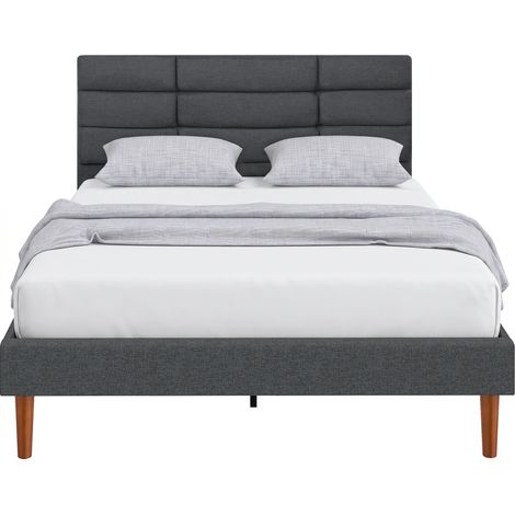 HOMCOM cama tapizada 140x200 cm con cabecero acolchado de rejilla y almacenaje inferior, marco de cama doble con láminas de madera, gris (1/5)