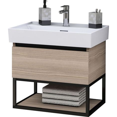 BELVIT Badmöbel Set mit Waschbecken 60 cm & Unterschrank 55 cm Nussoptik mit Metallgestell (1/4)
