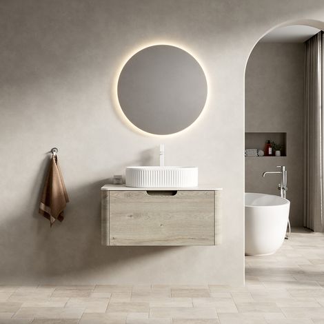 Mobile lavabo sospeso 80 cm moderno con lavabo ovale in ceramica, piano in pietra sinterizzata effetto travertino e cassetto soft-close (1/5)