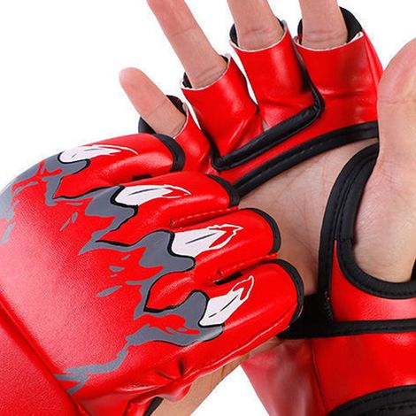Gants de boxe/kickboxing demi-doigts avec sangles de poignet réglables, unisexes, motif griffe de tigre, rouges. (1/5)