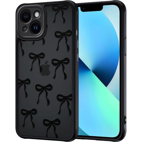 Coque pour iPhone 13, Aesthetic Papillon Nœud Motif Étui Translucide Mat Silicone TPU + PC Arrière Antichoc Anti-Jaune Housse Protection de la Caméra Bumper Case pour Filles Femme, Noir (1/5)