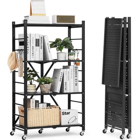 VEVOR Scaffale Portaoggetti Pieghevole a 4 Ripiani con Ruote, 330 x 660 x 1170 mm, Scaffale in Metallo Pieghevole, Robusto, Senza Montaggio, Ideale per Garage, Cucina, Nero, Capacita 90,7 kg