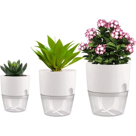 Lot de 3 pots de fleurs, système auto-arrosant, plastique 4mm, réservoir intégré, pour intérieur, plantes aromatiques (1/5)