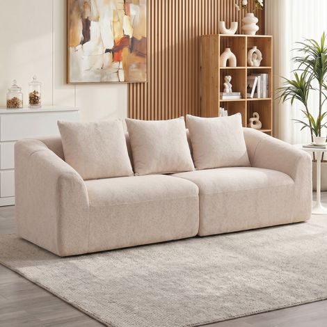 Canapé nuage 3 places chenille sans cadre rembourrage ressorts épais assise extra large 3 coussins beige (1/5)