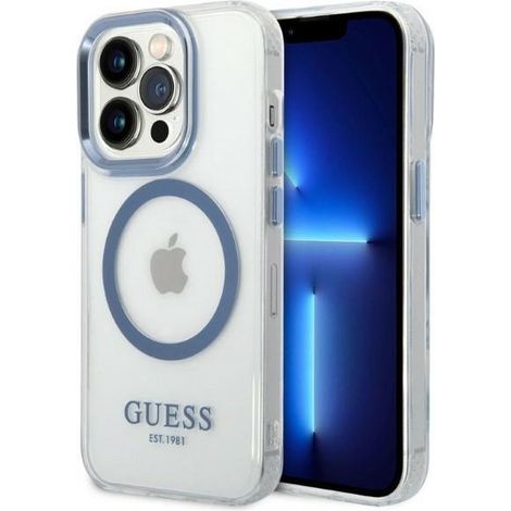 Funda rígida Guess GUHMP14LHTRMB para iPhone 14 Pro de 6.1 pulgadas, color azul/azul, con contorno metálico y MagSafe. (1/5)