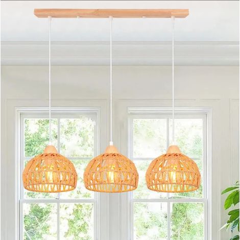 Lampe Suspension Vintage Industriel Lustre en Bois Rotin Brun E27 Luminaire Eclairage Design Cage Rétro pour Salon Chambre (1/5)