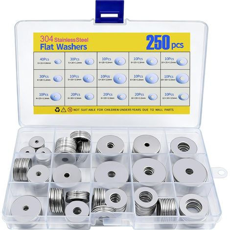 APEX 250 PièCes 304 Rondelles Metal Set, Rondelles Pour Gonds de Porte, M3 - M10 Rondelles Inox Multi - SpéCifications Avec Compartiment de Rangement, RéParation, Assemblage Industriel, Diy (1/5)