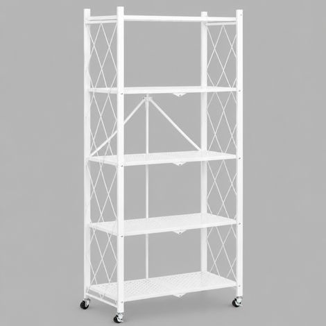 Bibliothèque Métallique Pliable 5 niveaux à Roulettes - Blanc - Rangement pratique 71,5 x 30,5 x H 163 cm - Livraison gratuite (1/4)