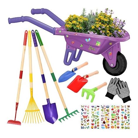 Children's Wheelbarrow, 14 Piece Garden Set with Garden Tools, Spade, Rake, Gloves and Accessories, Wheelbarrow Garden Educational Play Kit for Children 3 Years (Purple) (1/5)