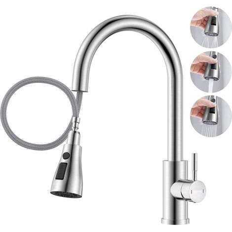 DAYONE Kitchen Mixer Tap with Pull Out Spray, SUS304 Stainless Steel Sink Taps Mixer with 3 Functions for Kitchen, 360° Swivel Single Handle High Arc Kitchen Faucet, Brushed Steel (1/5)