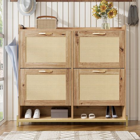 Meuble à Chaussures en Bois avec Portes en Rattan – 4 Portes et Plateau Supérieur – Compact pour l’Entrée (1/5)