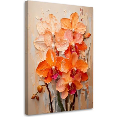 Quadro su tela, Orchidee Arancione Impasto Fiori Sfondo color pastello - 40x60 (1/3)