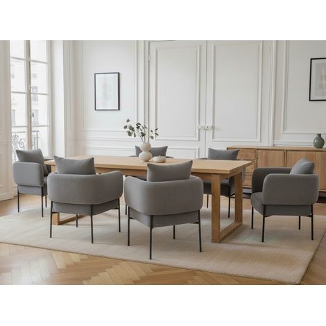 BOBOCHIC - Ensemble MARIN avec table à manger 220 cm couleur chêne + 6 fauteuils GABIN velours côtelé Gris clair (1/5)