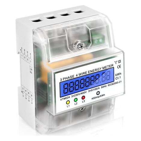 Compteur Electrique Triphasé Numérique Compteur D'Energie Electrique Courant Triphasé 4 Fils Compteurs à Rail Din Compteur Électrique Calibré Affichage LCD 3X230/400V, 3X5(100) A, 400imp/Kwh (1/5)
