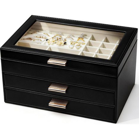 Joyero para mujer, con tapa de cristal, tres compartimentos y dos cajones, ideal para guardar collares, anillos y otras joyas. (1/4)