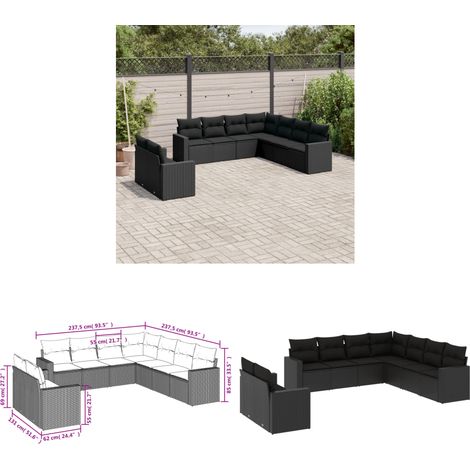 Salon de jardin 9 pcs avec coussins noir résine tressée - Salon De Jardin - Meuble De Jardin - Salon Extérieur - Set De Salon - Résine Tressée - Home & Living (1/3)