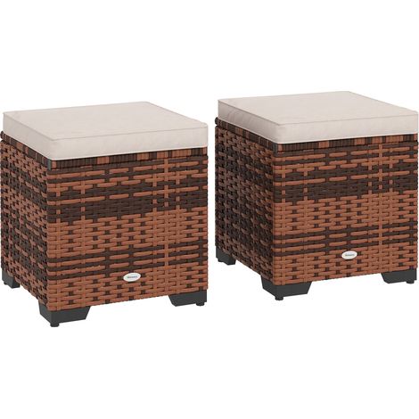 Set of 2 Rattan Storage Ottoman, Outdoor Footstool with Removable Cushions, Garden Storage Seat for Balcony, Porch, Living Room, Beige (1/5)