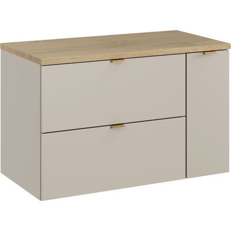 Meuble sous vasque suspendu DALIA cachemire 80 cm avec système cargo et plan en chêne (1/5)