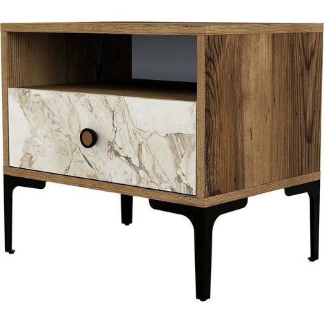 Dmora - Comodino Editta, Comò basso, Tavolino da notte, Mensola da letto, 56x40h51 cm, Noce e Bianco Marmo
